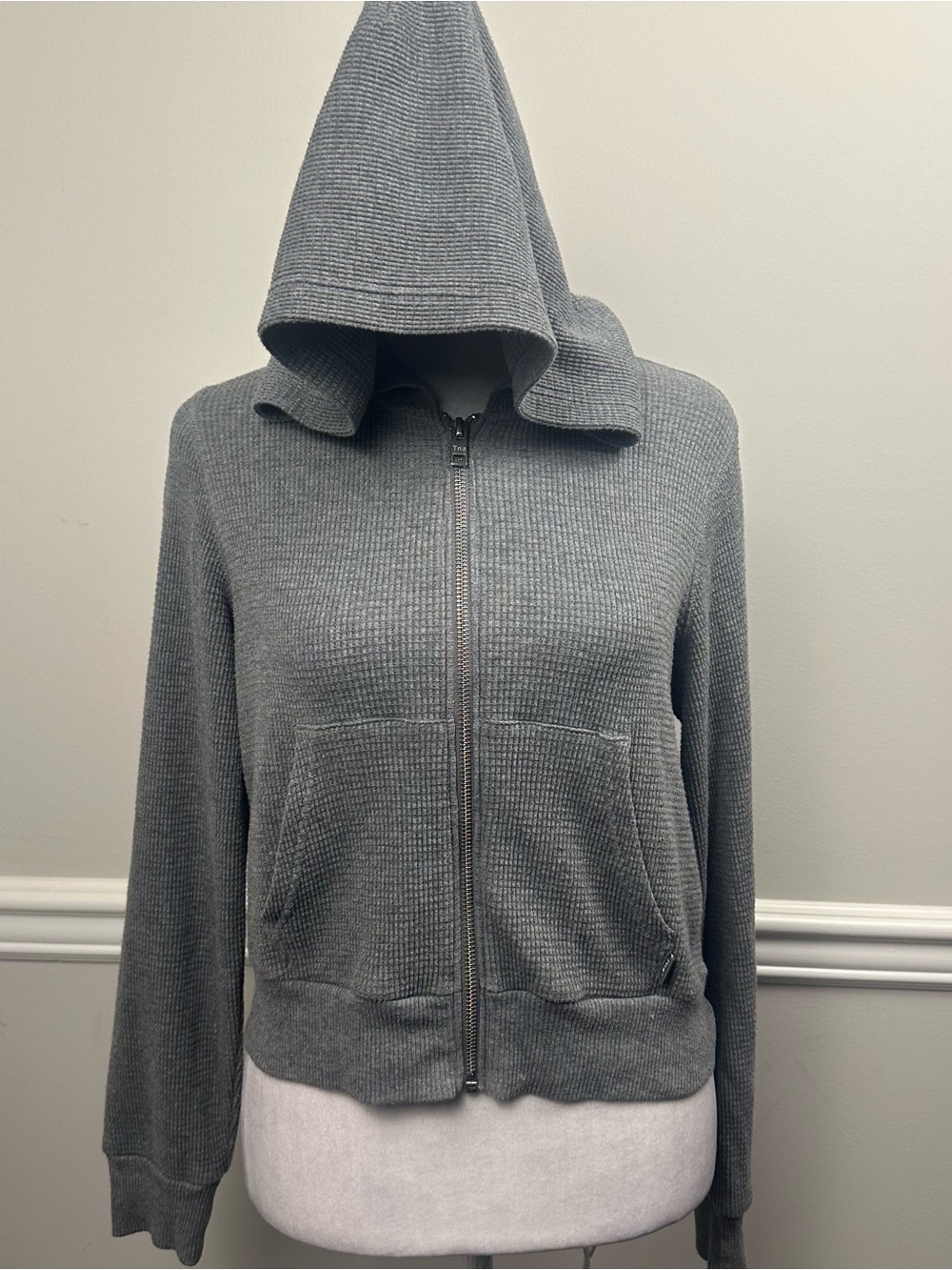TNA Gray Hooded Waffle-Knit Zip Jacket S